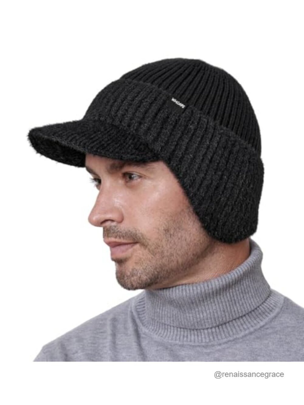 Winter Beanie with Brim and Ear Flaps, Fleece Lined Water Resistant Knit Hat